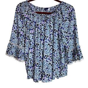 Laura Scott Women’s Large Blue Purple Floral Blouse Elastic Neckline Cottagecore